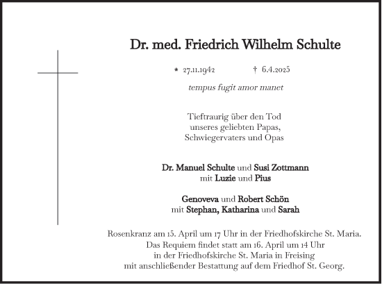 Todesanzeige von Friedrich Wilhelm Schulte von merkurtz
