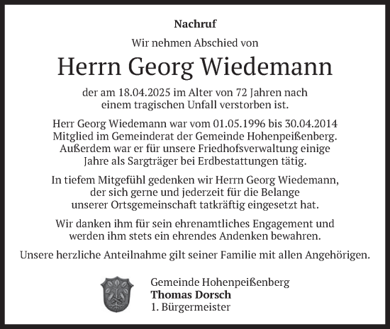Todesanzeige von Georg Wiedemann von merkurtz