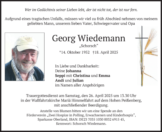 Todesanzeige von Georg Wiedemann von merkurtz