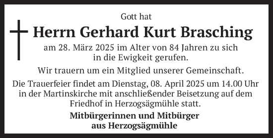 Todesanzeige von Gerhard Kurt Brasching von merkurtz
