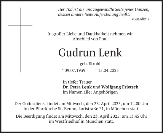 Todesanzeige von Gudrun Lenk von merkurtz