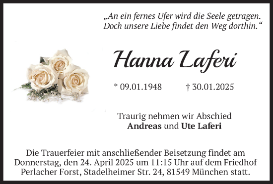Todesanzeige von Hanna Laferi von merkurtz