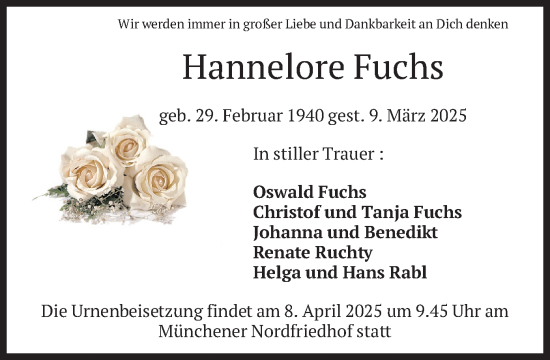 Todesanzeige von Hannelore Fuchs von merkurtz