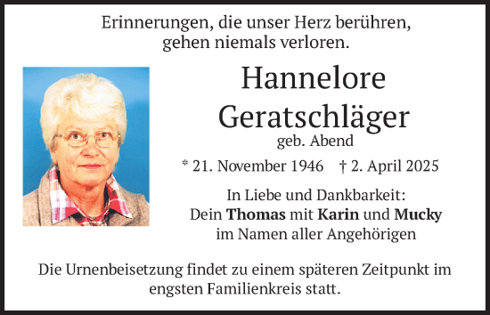 Todesanzeige von Hannelore Geratschläger von merkurtz