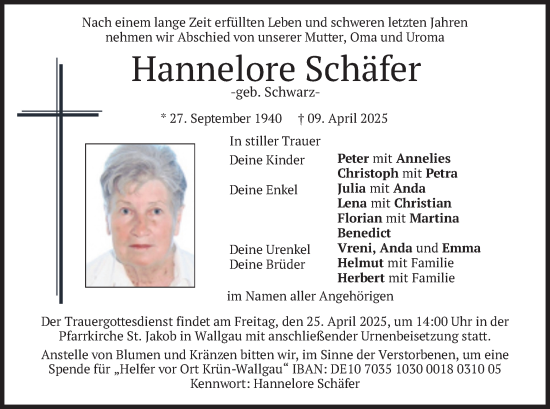 Todesanzeige von Hannelore Schäfer von merkurtz