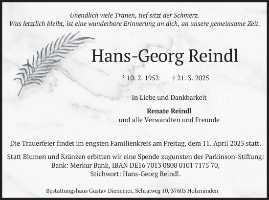 Todesanzeige von Hans-Georg Reindl von merkurtz