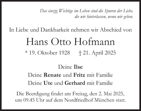 Todesanzeige von Hans Otto Hofmann von merkurtz