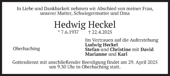 Todesanzeige von Hedwig Heckel von merkurtz