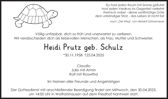 Todesanzeige von Heidi Prutz von merkurtz