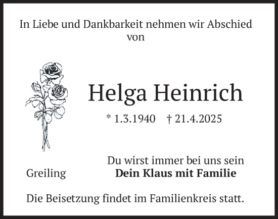 Todesanzeige von Helga Heinrich von merkurtz