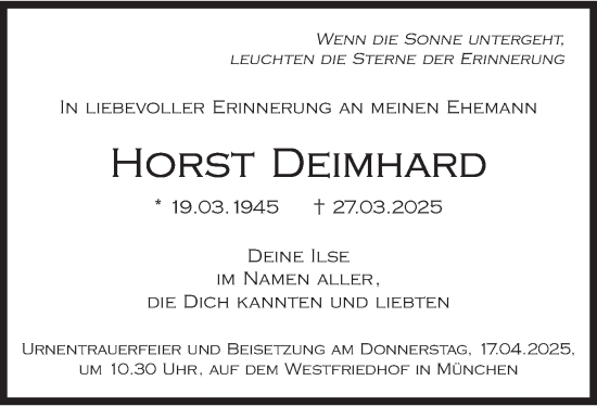 Todesanzeige von Horst Deimhard von merkurtz