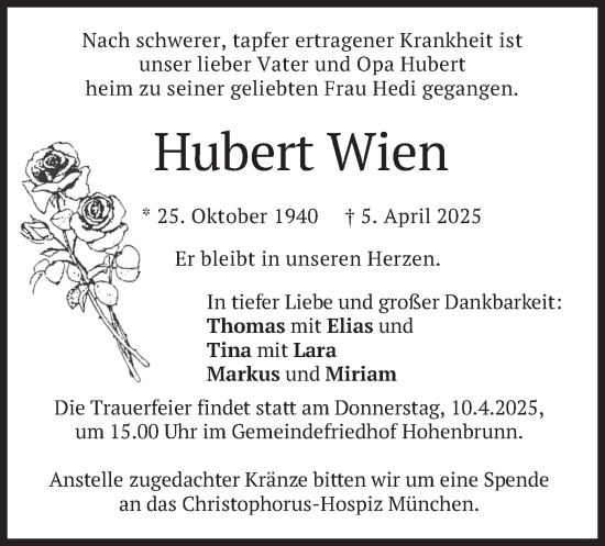 Todesanzeige von Hubert Wien von merkurtz