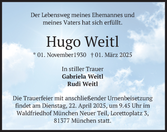 Todesanzeige von Hugo Weitl von merkurtz