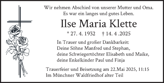 Todesanzeige von Ilse Maria Klette von merkurtz