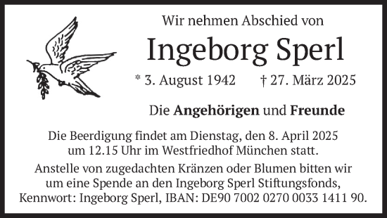 Todesanzeige von Ingeborg Sperl von merkurtz