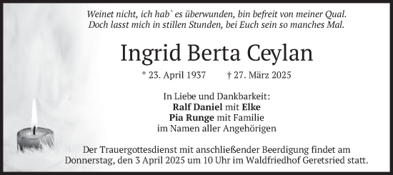 Todesanzeige von Ingrid Berta Ceylan von merkurtz