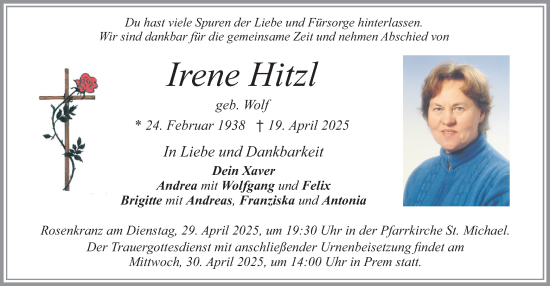 Todesanzeige von Irene Hitzl von merkurtz