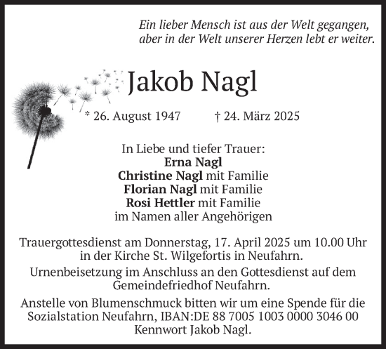 Todesanzeige von Jakob Nagl von merkurtz