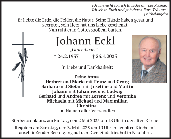 Todesanzeige von Johann Eckl von merkurtz