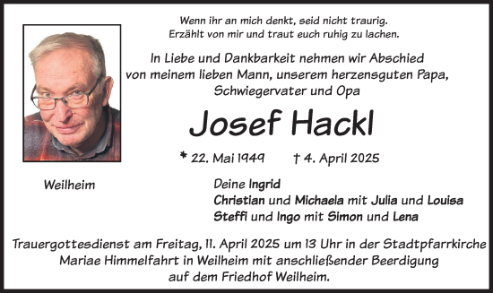 Todesanzeige von Josef Hackl von merkurtz