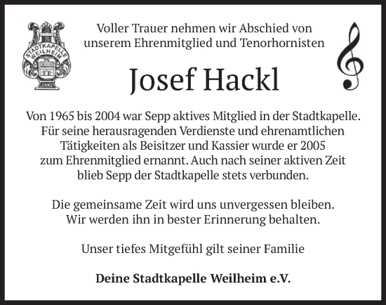 Todesanzeige von Josef Hackl von merkurtz