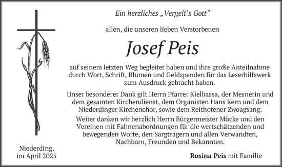 Todesanzeige von Josef Peis von merkurtz