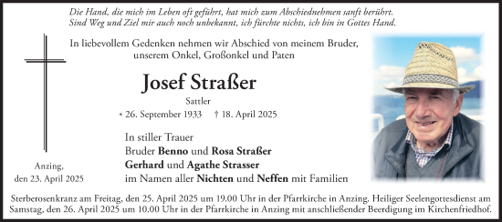Todesanzeige von Josef Straßer von merkurtz