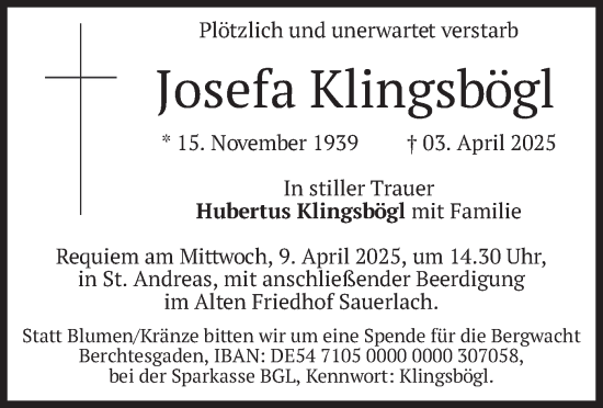 Todesanzeige von Josefa Klingsbögl von merkurtz