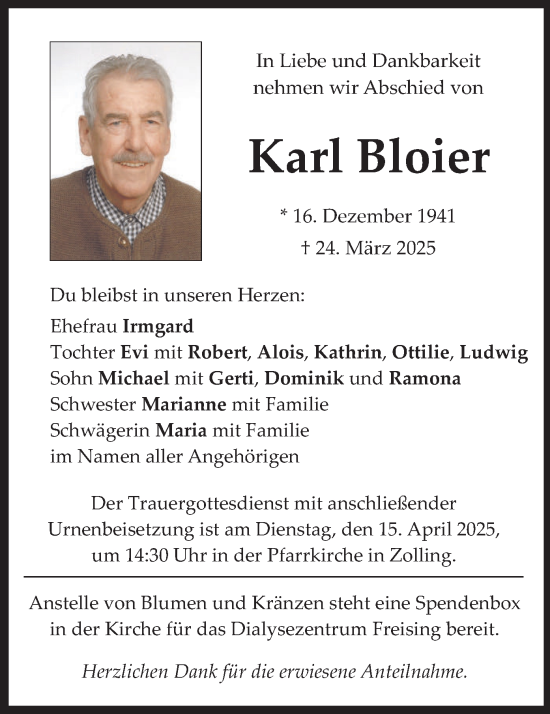 Todesanzeige von Karl Bloier von merkurtz