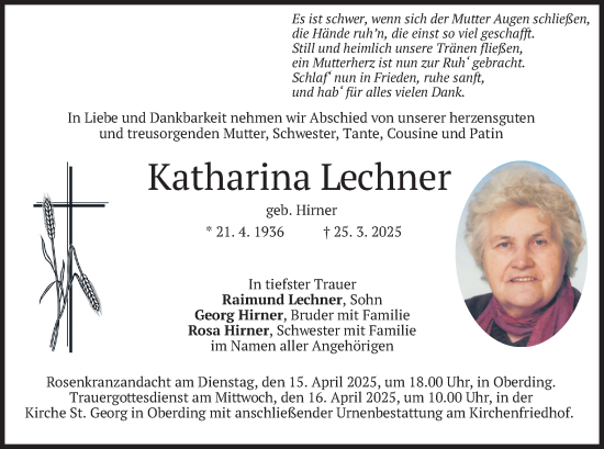 Todesanzeige von Katharina Lechner von merkurtz