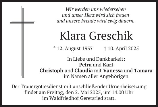 Todesanzeige von Klara Greschik von merkurtz