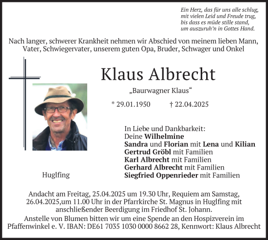 Todesanzeige von Klaus Albrecht von merkurtz