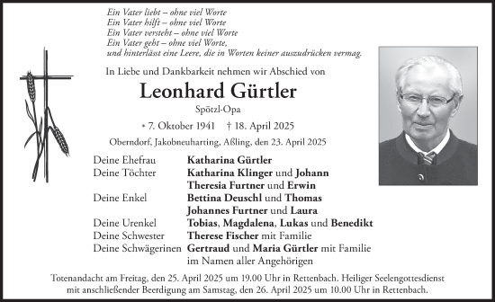 Todesanzeige von Leonhard Gürtler von merkurtz