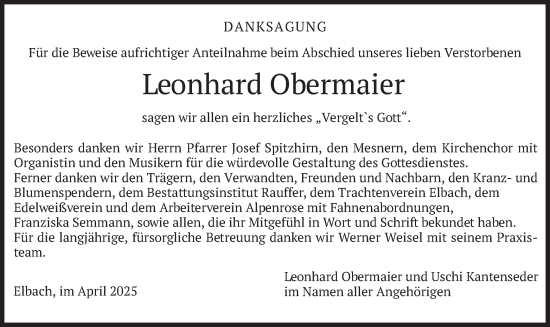 Todesanzeige von Leonhard Obermaier von merkurtz