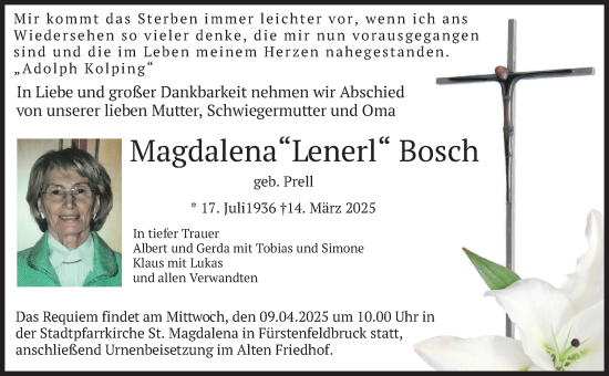 Todesanzeige von Magdalena Bosch von merkurtz