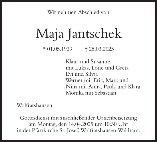 Todesanzeige von Maja Jantschek von merkurtz
