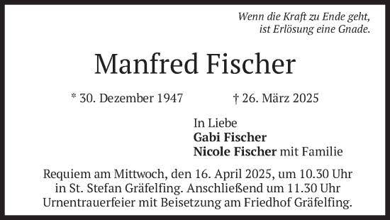 Todesanzeige von Manfred Fischer von merkurtz