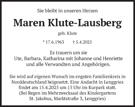 Todesanzeige von Maren Klute-Lausberg von merkurtz