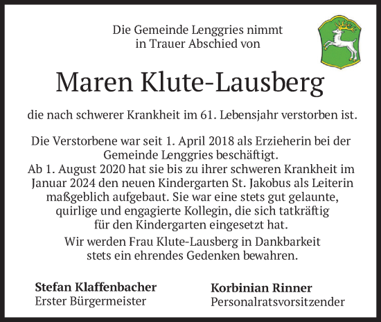 Todesanzeige von Maren Klute-Lausberg von merkurtz