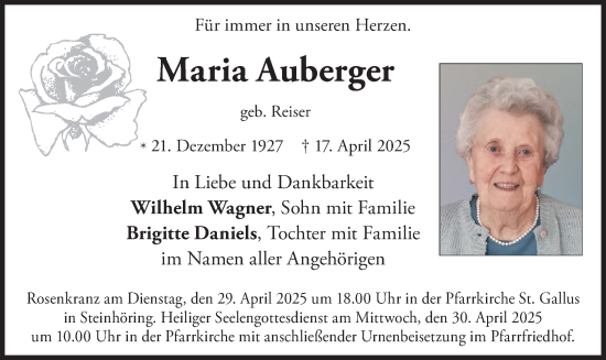Todesanzeige von Maria Auberger von merkurtz
