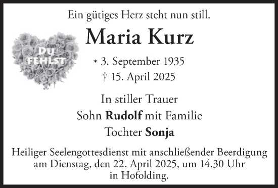 Todesanzeige von Maria Kurz von merkurtz
