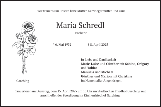 Todesanzeige von Maria Schredl von merkurtz