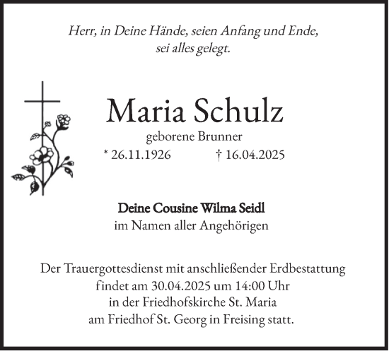 Todesanzeige von Maria Schulz von merkurtz