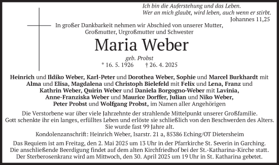Todesanzeige von Maria Weber von merkurtz