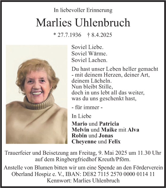 Todesanzeige von Marlies Uhlenbruch von merkurtz