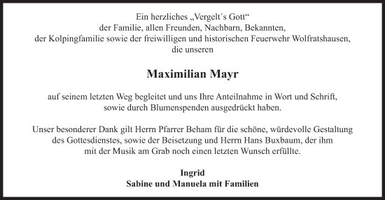 Todesanzeige von Maximilian Mayr von merkurtz