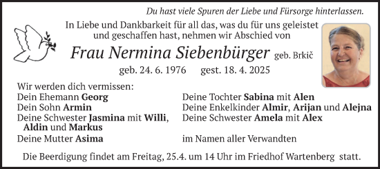 Todesanzeige von Nermina Siebenbürger von merkurtz