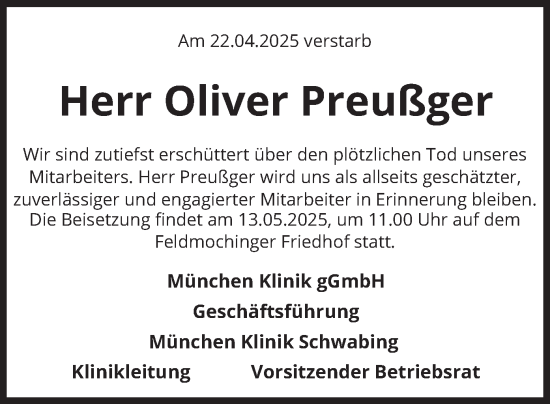 Todesanzeige von Oliver Preußger von merkurtz