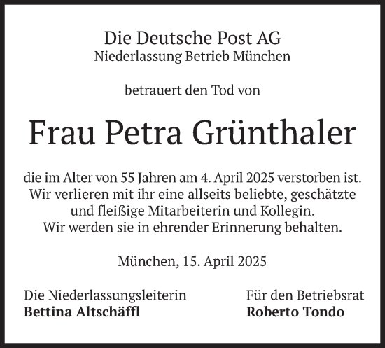 Todesanzeige von Petra Grünthaler von merkurtz