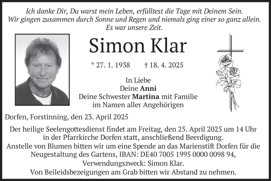 Todesanzeige von Simon Klar von merkurtz